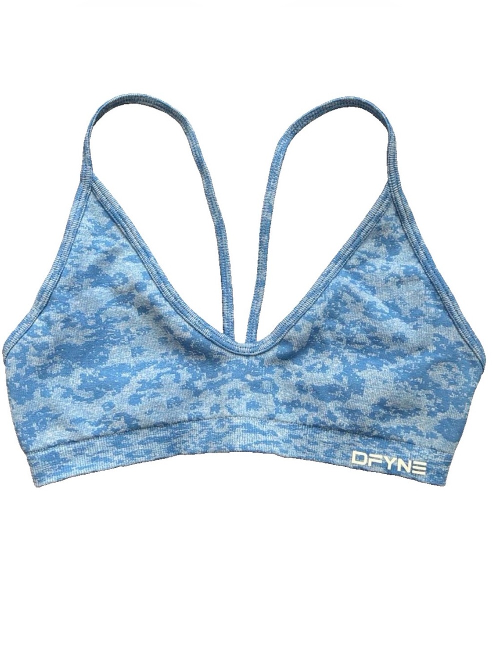 DFYNE Dynamic Backless Seamless Sports Bra Small Blue Camo Strappy Y-Back